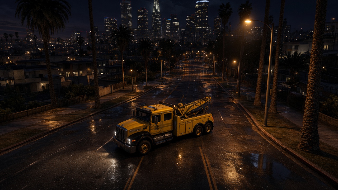 Ironclad tow truck on a Los Santos street at night